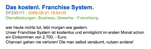 Beispiel: Werbeanzeige für ein "kostenloses" Franchise-System - seriös oder nicht?